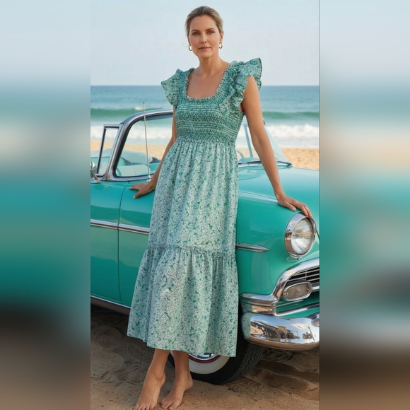 Tuckernuck Seafoam Green Floral Smocked Maxi Dress Preppy Cottage - Picture 7 of 7